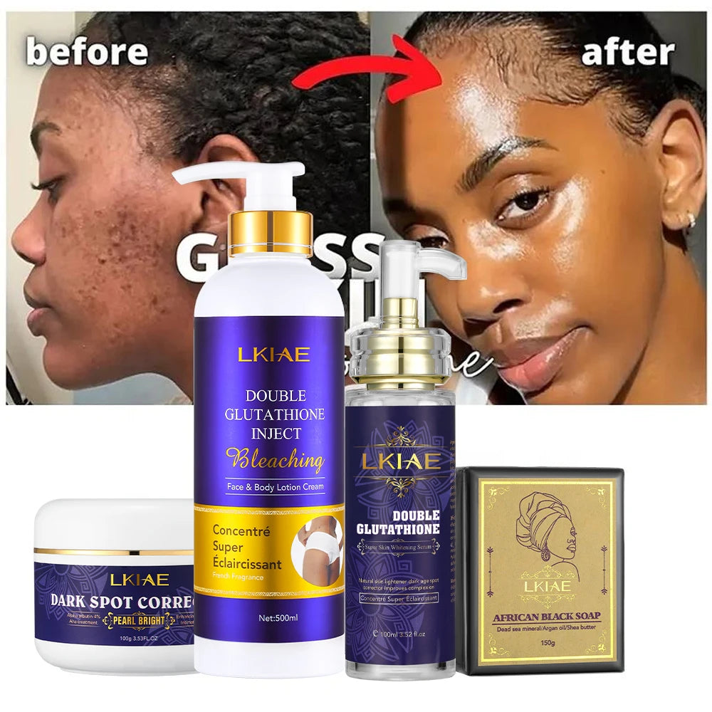 Manufacturer Excellent Glutathione 4-Piece Black Soap Facial Serum Face Cream Body Lotion Whitening Bleaching Skin Care Set