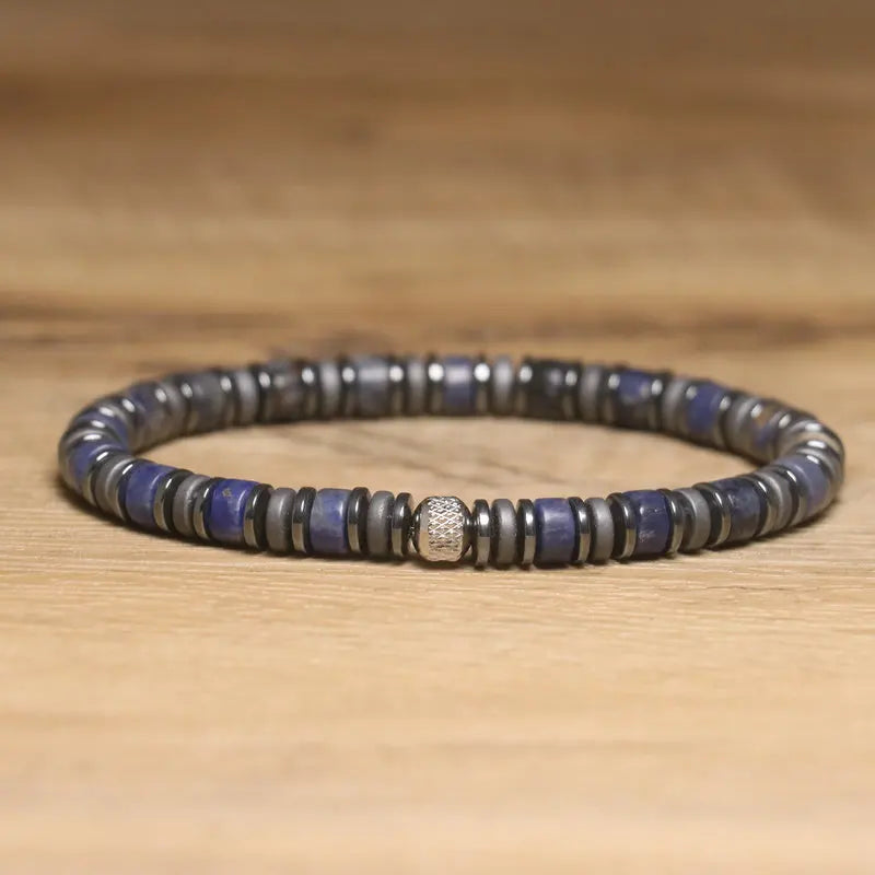 Bohemian Natural Sodolite Stone Bracelet for Men Women Hematite Beaded Adjustable Elastic Beaded Bracelet Unisex