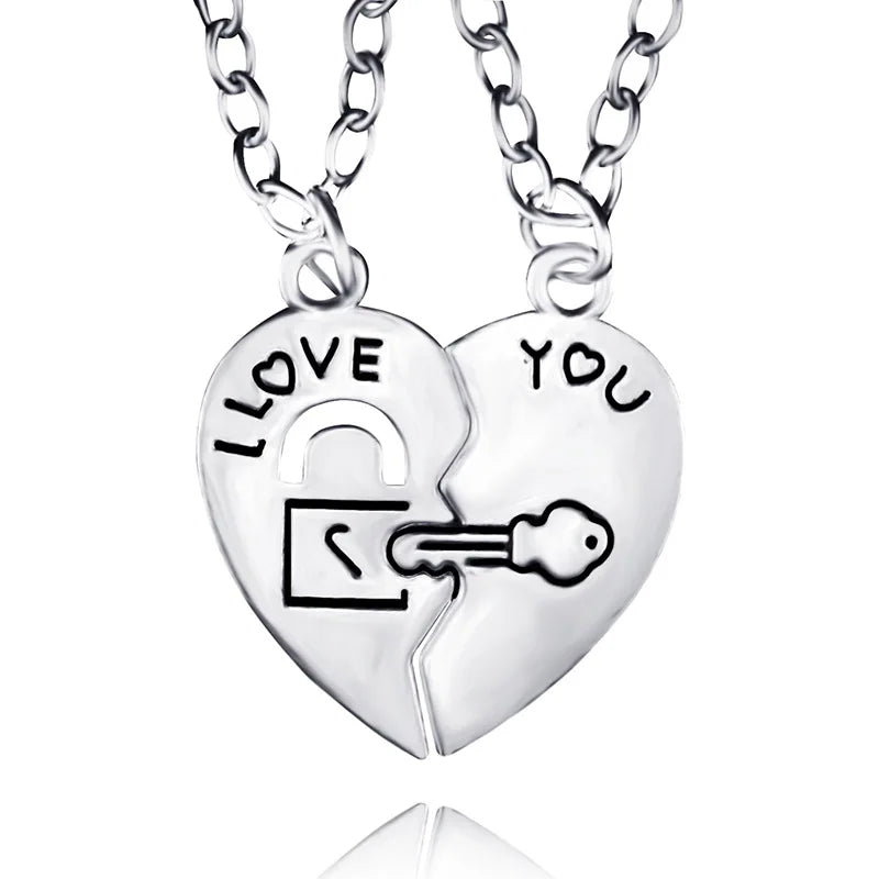 2PCS/Set Split Heart I Love You Lock & Key Pendant Couple Necklace Romantic Fashion Couple Necklace