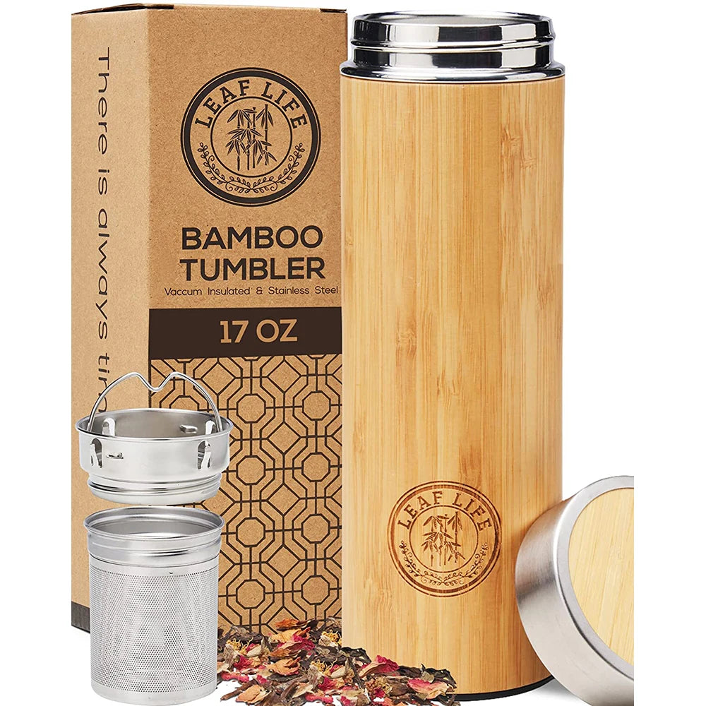 Eco-friendly Double Wall Tea Infuser Insulated Vacuum Stainless Steel Bamboo Lid Water Bottle