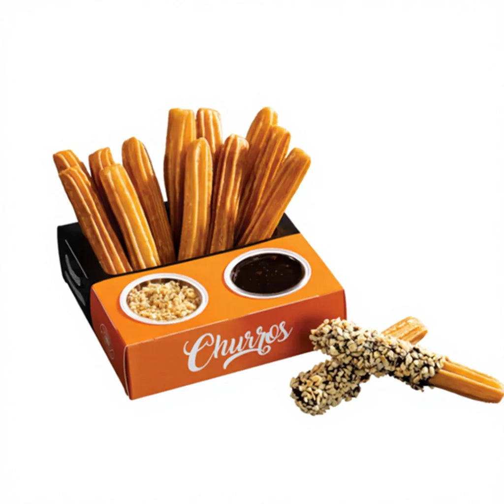 Biodegradable Custom Crepes Paper Cone Takeaway Snacks Boxes Waffle Bakery Churros Paper Packaging Box With Dip Cups Tray
