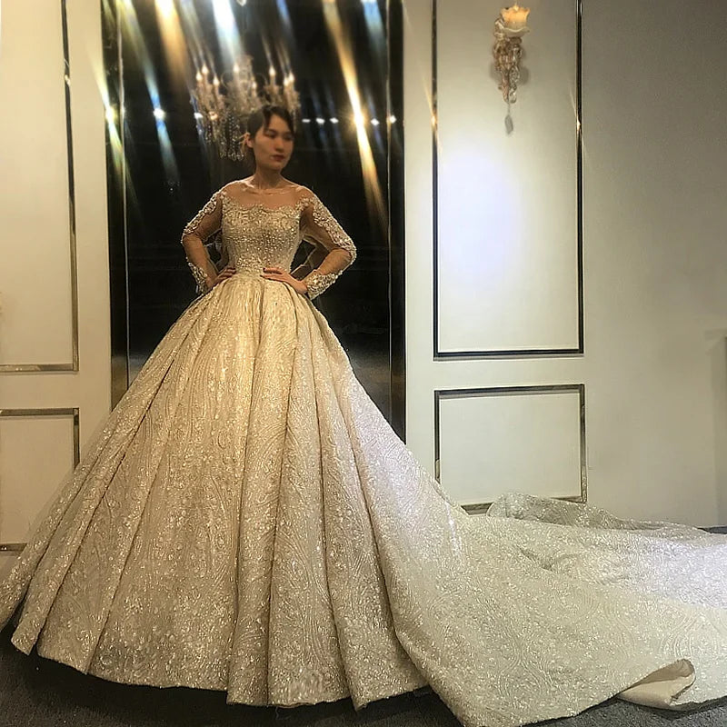 Jancember NS3805 Gorgeous Lace Tulle Fabric Crystal Bridal Dresses Wedding With Long Tail