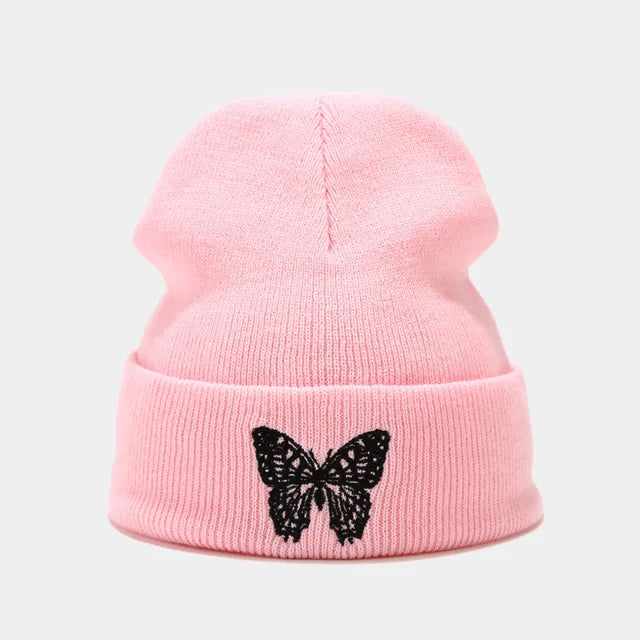 Fashion Knitted Beanies Hat Butterfly Embroidery Winter Warm Ski Hats Soft Warm Elastic Knitted Cap