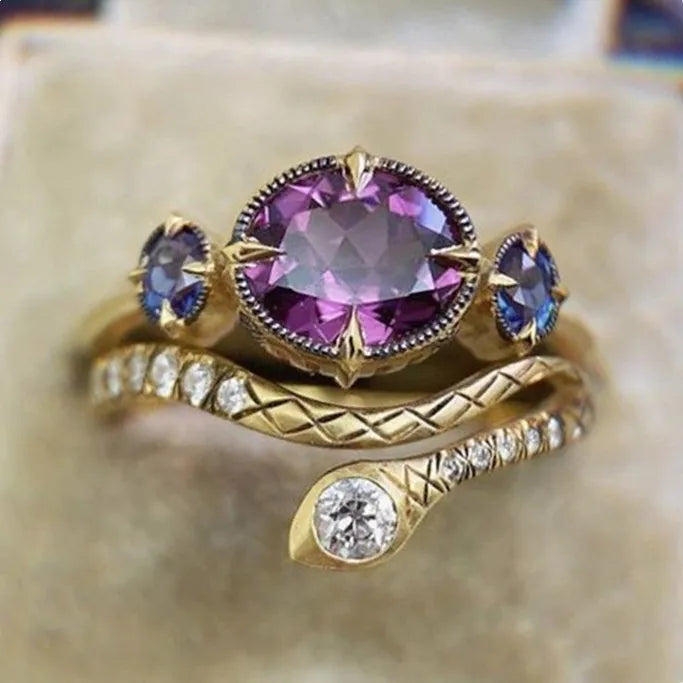 Huitan Purple Crystal Animal Brass Jewelry Fashion Newest Snake Ring Set Gold Plated Zirconia Rhinestone Copper Snake Ring