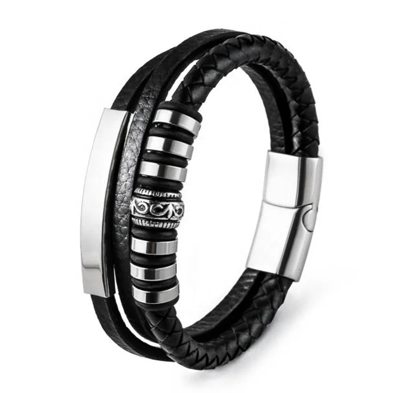 Mens Leather Bracelets with Titanium Steel Magnetic Clasp Cowhide Multi-Layer Braided