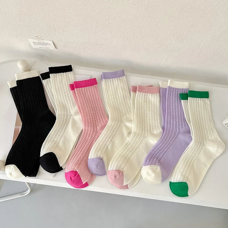 Wholesale Spring Summer Two Tone Patchwork Socks Ladies Fashion Thin Mesh Cotton Crew Socks for Women