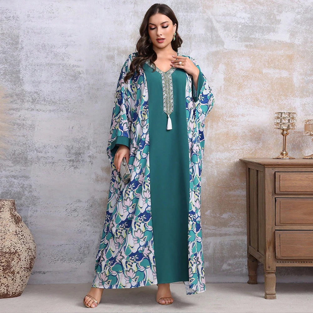 Muslim Printing Batwing Sleeve Kaftan Patchwork Tassel Robe Large Size Abaya Dubai Muslim Women Dress