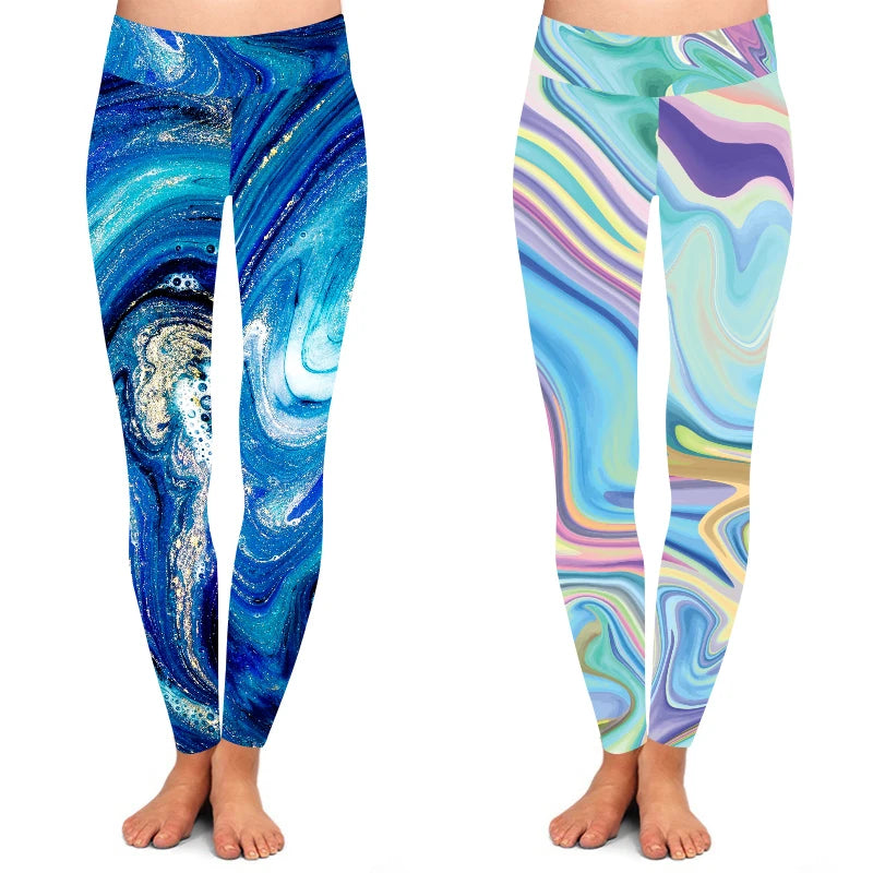 Women High Yoga Waist Buttery Soft 92% Polyester 8% Spandex Abstract Blue Marble Print Leggings for Women