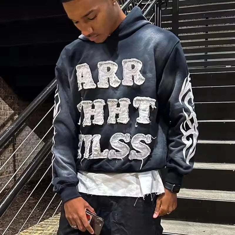 Regular Fit Autumn Hooded Acid Stone Washed Distressed Eco-Friendly Heavyweight 100% Cotton French Terry Men's Raw Edge Applique