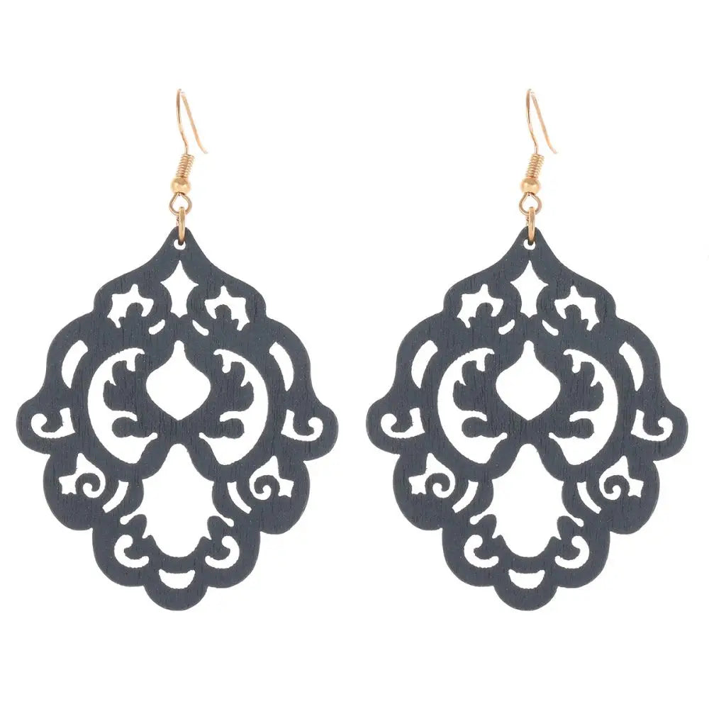 Wholesale Fashion Wood Painted Dark Blue Hollow Earrings New Design Vintage Style Earrings for Women Gift