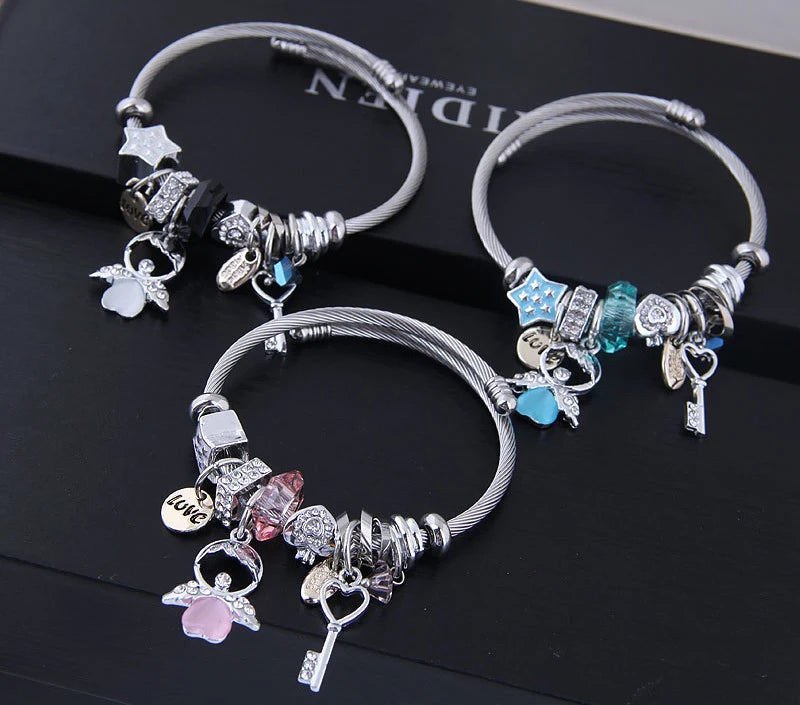 Fashion Angel Charm  Bangle  Female Manual Beaded Crystal love Key Pendant Adjustable Size Bracelet