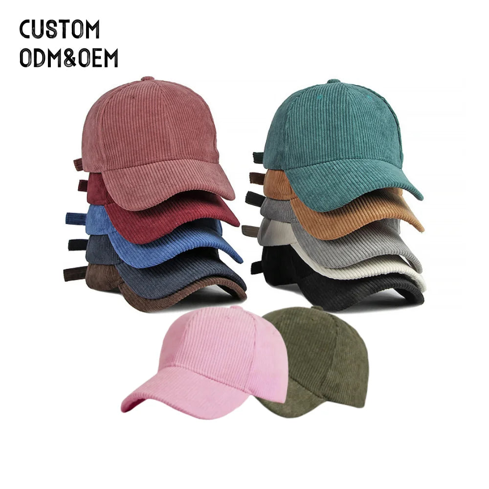 Vintage 14 Solid Color Blank Dad Trucker Hat Cotton Custom Logo 6 Panel Corduroy Baseball Cap with Adjustable Metal Buckle