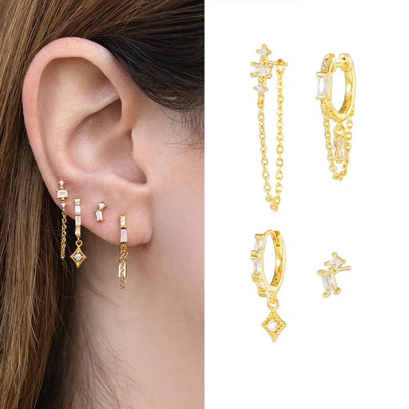 4pcs S925 Silver Earrings and Chain Pendant Set Gold Plated 5A Zircon Wedding and Party for Sensitive Ears