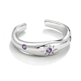 YILUN Starry Sky 925 Sterling Silver Rhodium Plated Purple Cubic Zirconia Adjustable Open Band Ring for Women