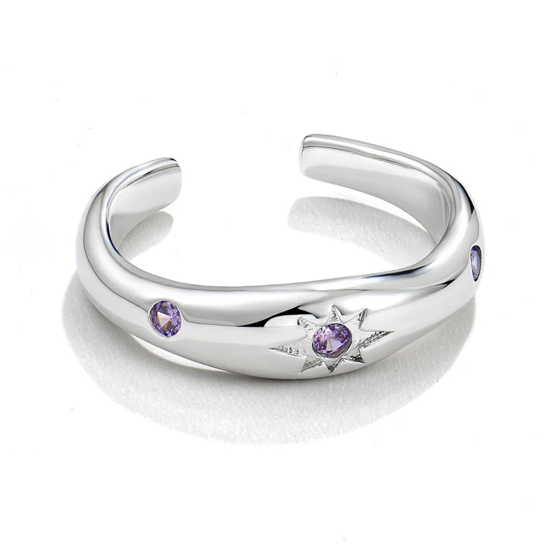 YILUN Starry Sky 925 Sterling Silver Rhodium Plated Purple Cubic Zirconia Adjustable Open Band Ring for Women