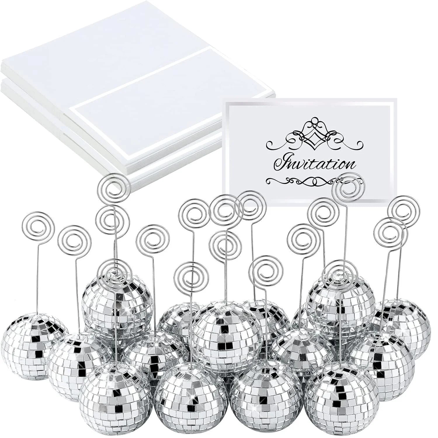 Pafu 15pcs  Disco Silver Picture Holders Photo Stand Swirl Wire Place Name Card Disco Ball Place Card Holder