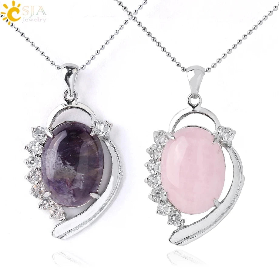 CSJA New Natural Stone Cabochon Bead Rock Crystal Indian Agate Pendant Zircon Necklace for Women G967