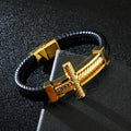 KALEN Engraving Adjustable Magnetic Clasp Cowhide Leather Stainless Steel Multi Layer Leather Skull Cross Bracelets for Men