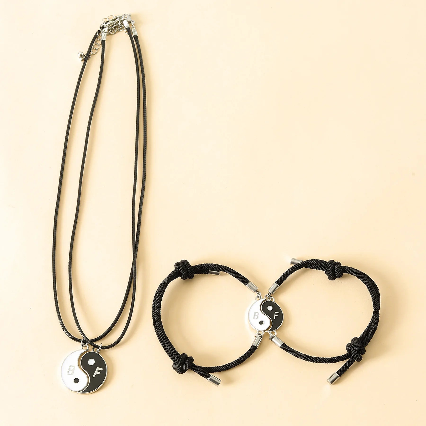Fashion Jewelry Adjustable Rope Yin Yang Couple Friendship Handmade Tai Chi Black White FengShui Necklace Bracelet Set for Men