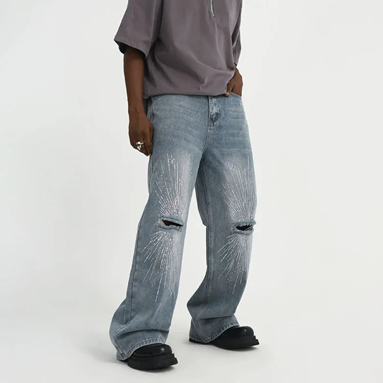 Plus Size Loose Light Blue Ripped Knee Wide Leg Denim Pants Men Rhinestone Spray Baggy Jeans Custom