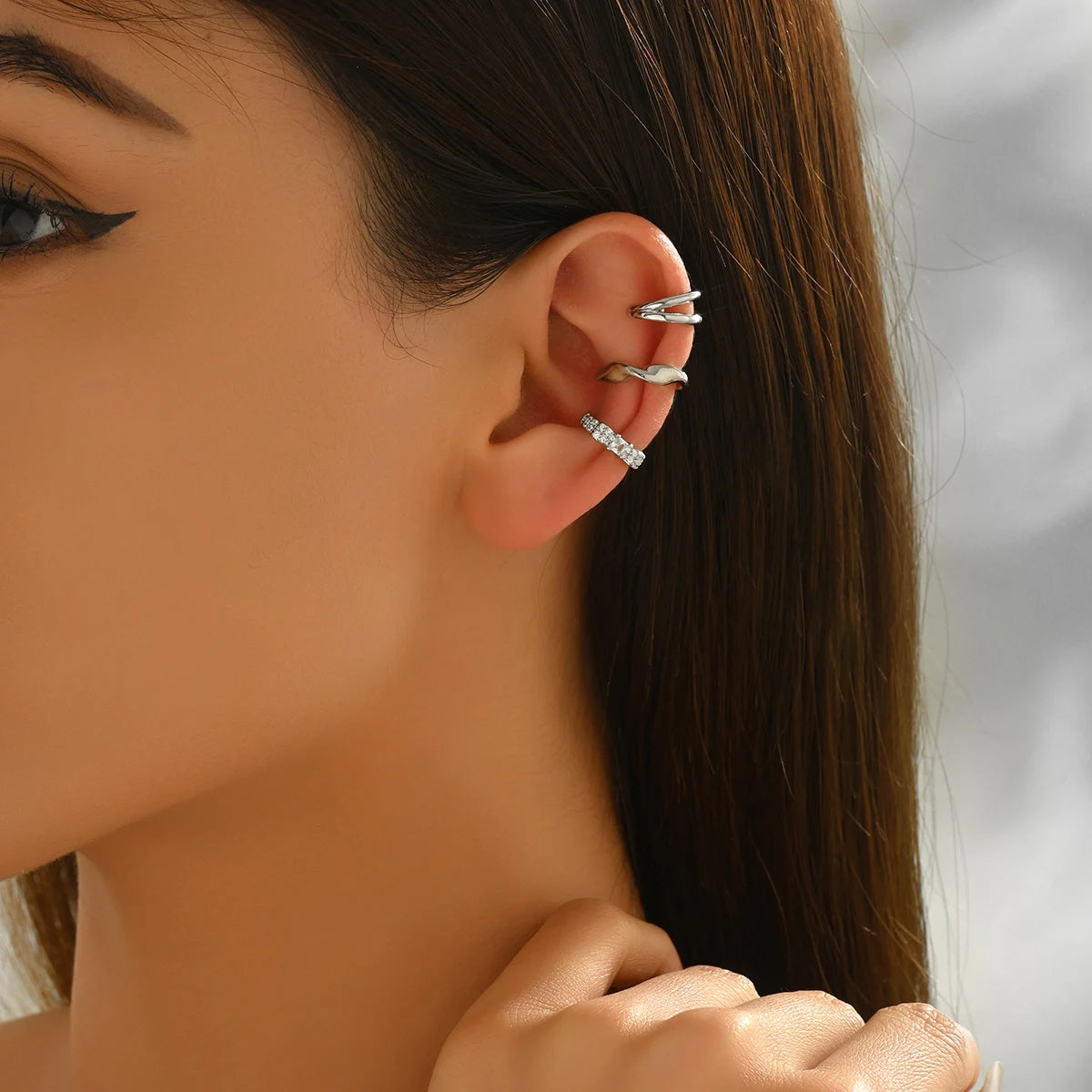 In Stock Trendy New Style Women's Tiny CZ Clip-on Earrings Geometric Copper Zircon Two Lines
