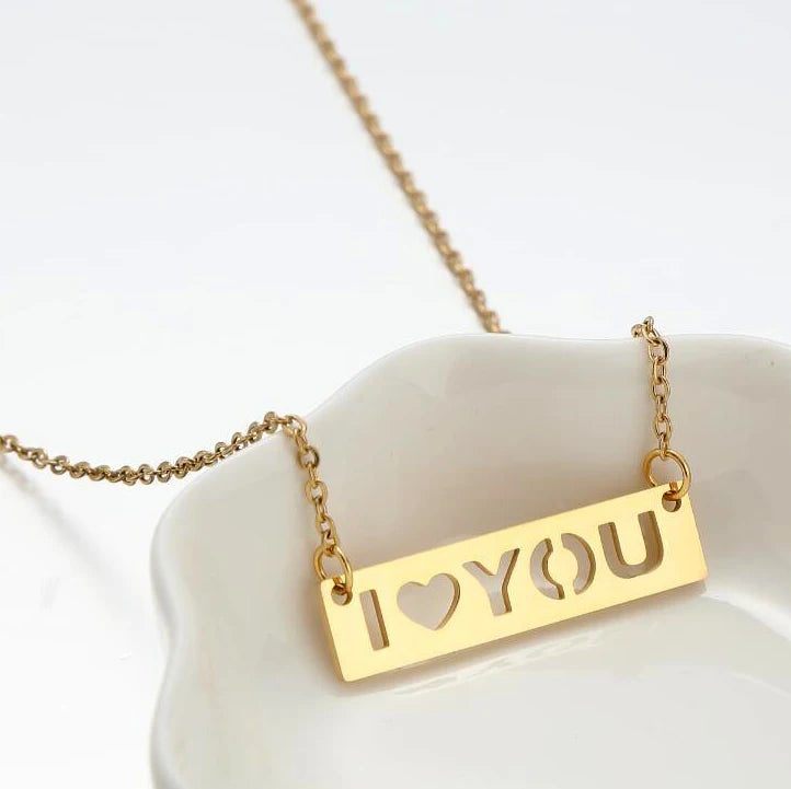 Fashion Non Tarnish Silver 18K Gold Plated Stainless Steel Bar Pendant Women I LOVE YOU Necklace Jewelry