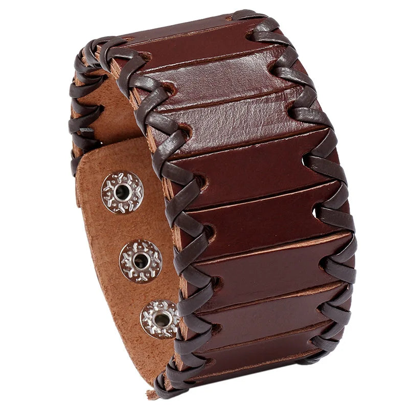 Retro Handmade Woven Leather Bracelet with Punk Style Decorations