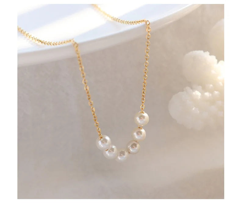 Pearls Design Pendant Plated Choker Necklace Jewelry Gold Stainless Steel Six Artificial White 18K Real Women Necklace for Gift