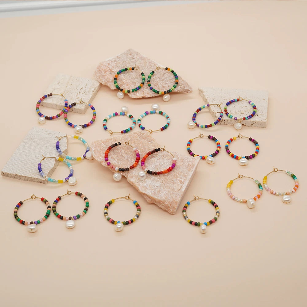 Go2boho Classic Bohemian Dainty Beaded Hoop Earrings Candy Color Glass Seed Design With Freshwater Pearls Party Jewelry Women