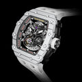 Luxury Miyota Automatic Limited Edition Tonneau Wristwatch Men White Water Resistant Analog Carbon Fiber Case Rubber Band
