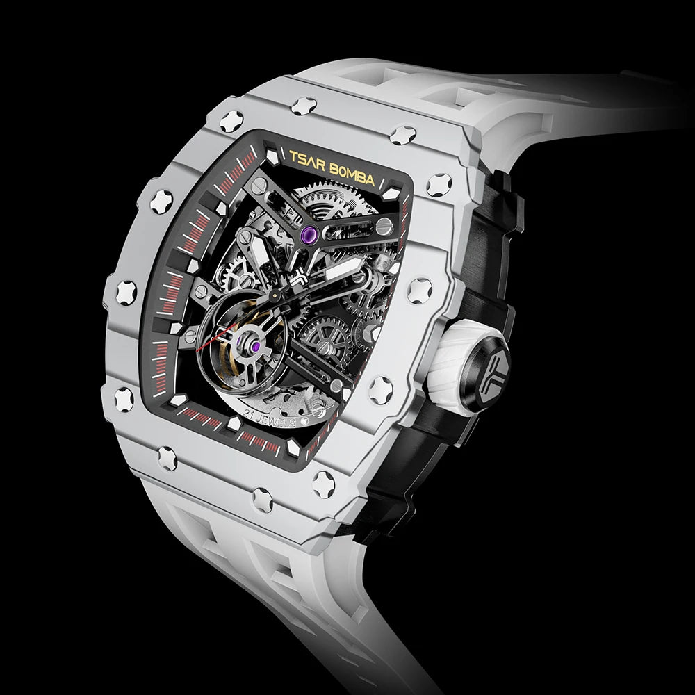Luxury Miyota Automatic Limited Edition Tonneau Wristwatch Men White Water Resistant Analog Carbon Fiber Case Rubber Band