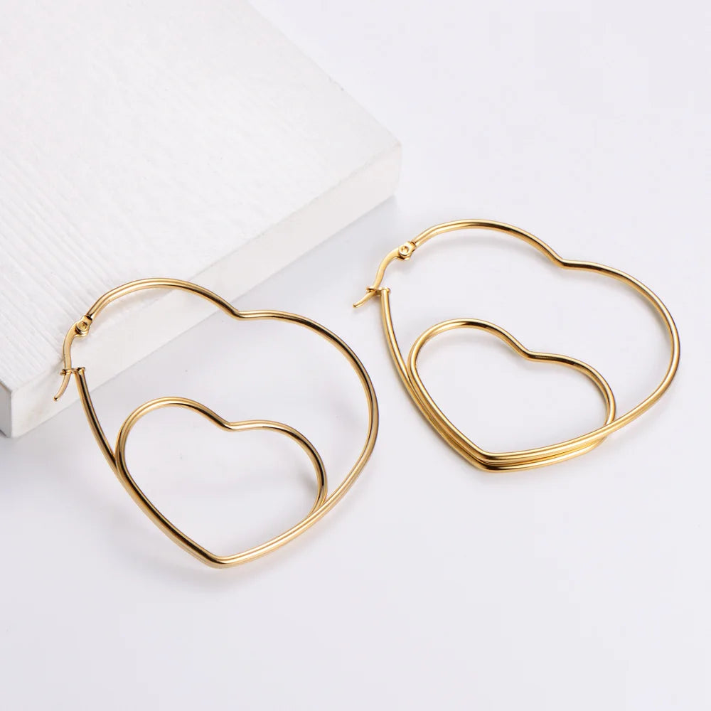Hypoallergenic Women Girl 18k Gold Plated Heart Shape Hoop Earrings Stainless Steel