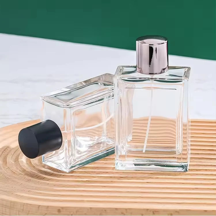 Custom 100  ml Transparent Glass Perfume Container Flat square Crimp Spray Bottle Bottle