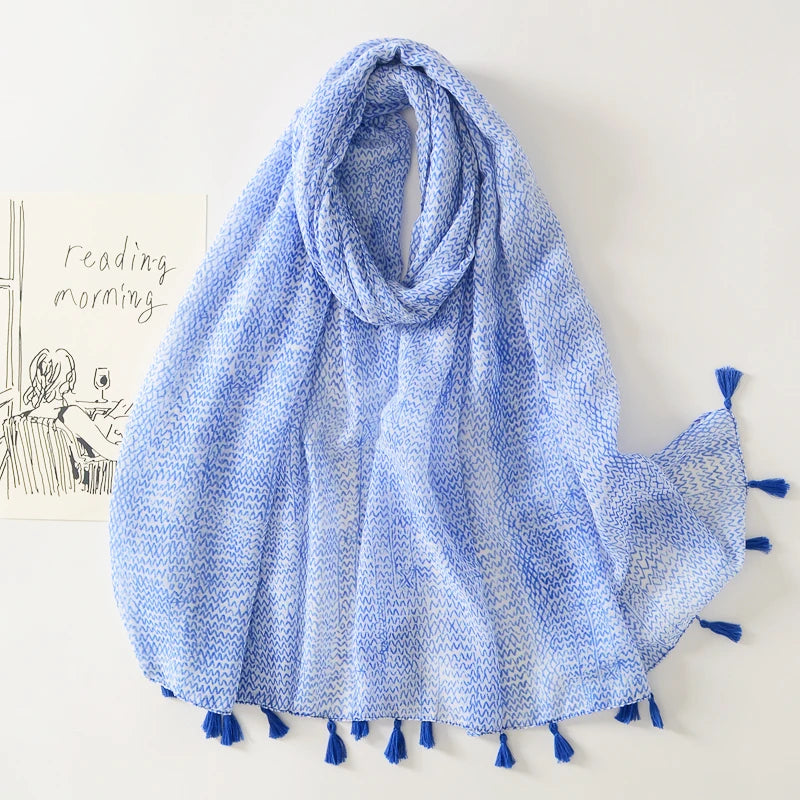 Bohemian Style Blue White Custom Printed Cotton Voile Scarves Muslim Women Hijabs Summer Lightweight Beach Cover Ups Shawls
