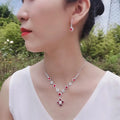 New Korean Bridal Necklace Earring Set Shining Water Diamond Red Gem Women's Pendant Two Piece Set