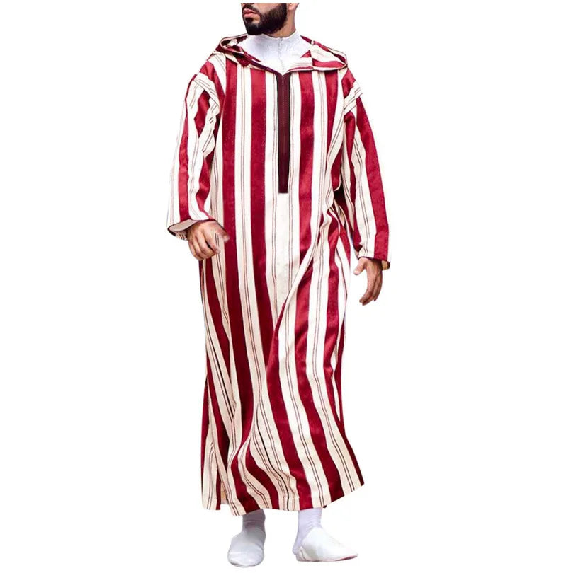 Ramadan Arab Long Sleeve Hooded Islamic Clothing Men Muslim Thobe Thawb Striped Ramadan Costumes Arabia Abaya Male Kaftan Robe