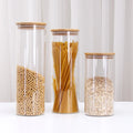 Hot Selling Clear Round Air Tight Food Storage Containers Glass Jar for Spice Coffee Tea With Bamboo Lids Set