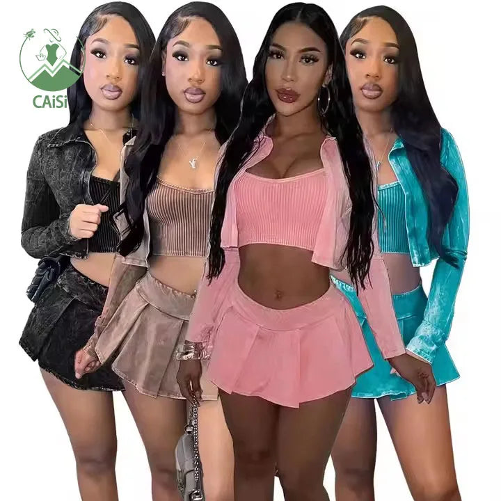 Women Acid Washed 3 Piece Set Solid Camisole +Coat +Mini Pleated Skirts Casual Streetwear Outfits Distressed Matching Set