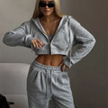 Wholesale Trendy Long Sleeved Zipper Crop Hoodies Suits Long Pants Women Two-piece Sets