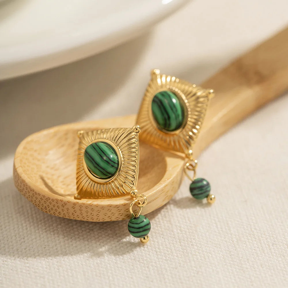 Luxury Stainless Steel 18K Gold Plated Earrings for Women Geometric Square Green Malachite Dangle Earrings