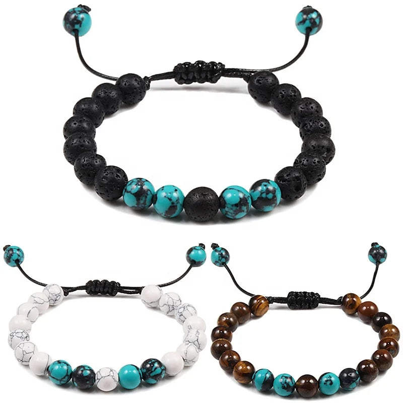 Trendy Woven Beaded Hand Rope Bracelet Frosted Stone Tiger Eye Stone Bracelet Wood Bead Volcanic Stone Bracelet for Women Men