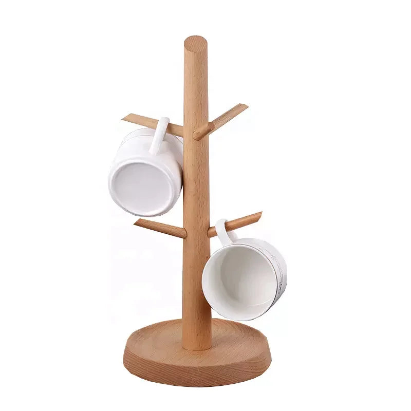 6-Cup Wooden Drainer Organizer Hook Tree Tea Coffee Bamboo Holder Storage Cup Drying Rack Stand Kitchen Tool Set Model Shelf