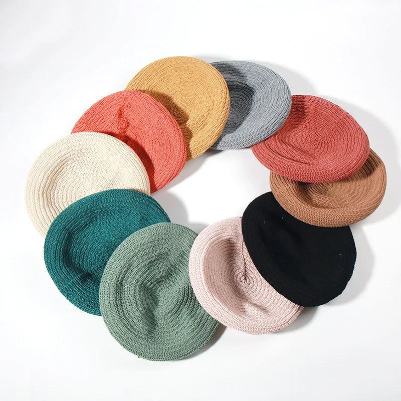 New Knitted Beret Summer French Beret Hats for Women Artist Crochet Berets Female Solid Color Bonnet Hat Caps