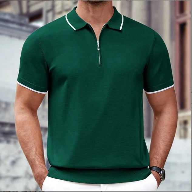 Men's Short Sleeved Zippered Casual Business Knitted Polo Shirt