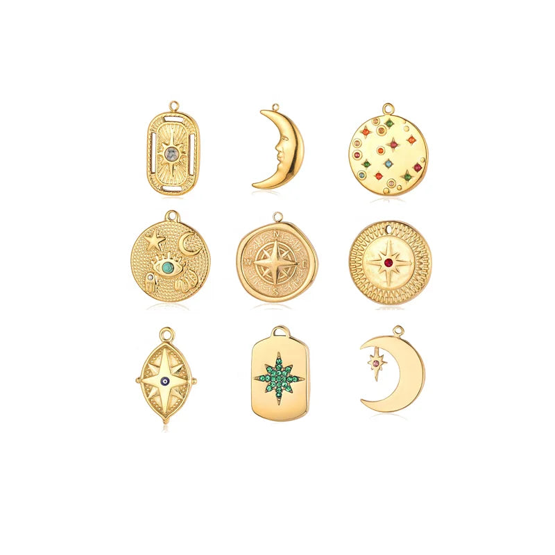 French Vintage Inlaid Flower Titanium Steel Pendant Compass Star Moon Square Oval Stainless Steel Jewelry DIY Accessories