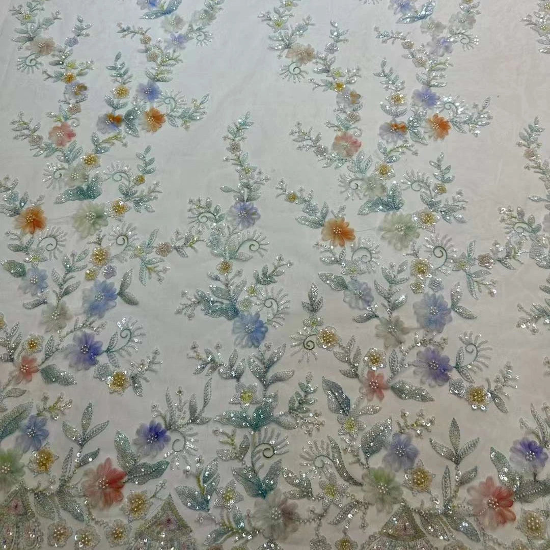 Luxury Embroidery Sequins Floral Lace Fabric Eco-Friendly 5 Yards French Tulle for Wedding Dresses