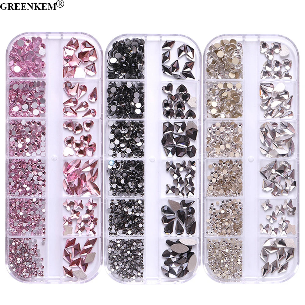 Wholesale New Style Nail Art Accessory 12 Grid Nail Diamond Clear AB Diamond Size Mixed Nail Flat Diamonds