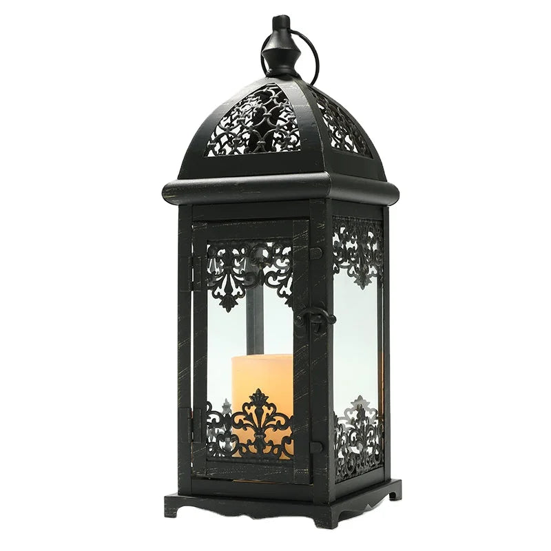 Antique Black Decorative Candle Lantern 15''High Metal Candle Holders Vintage Style Hanging Lantern for Wedding