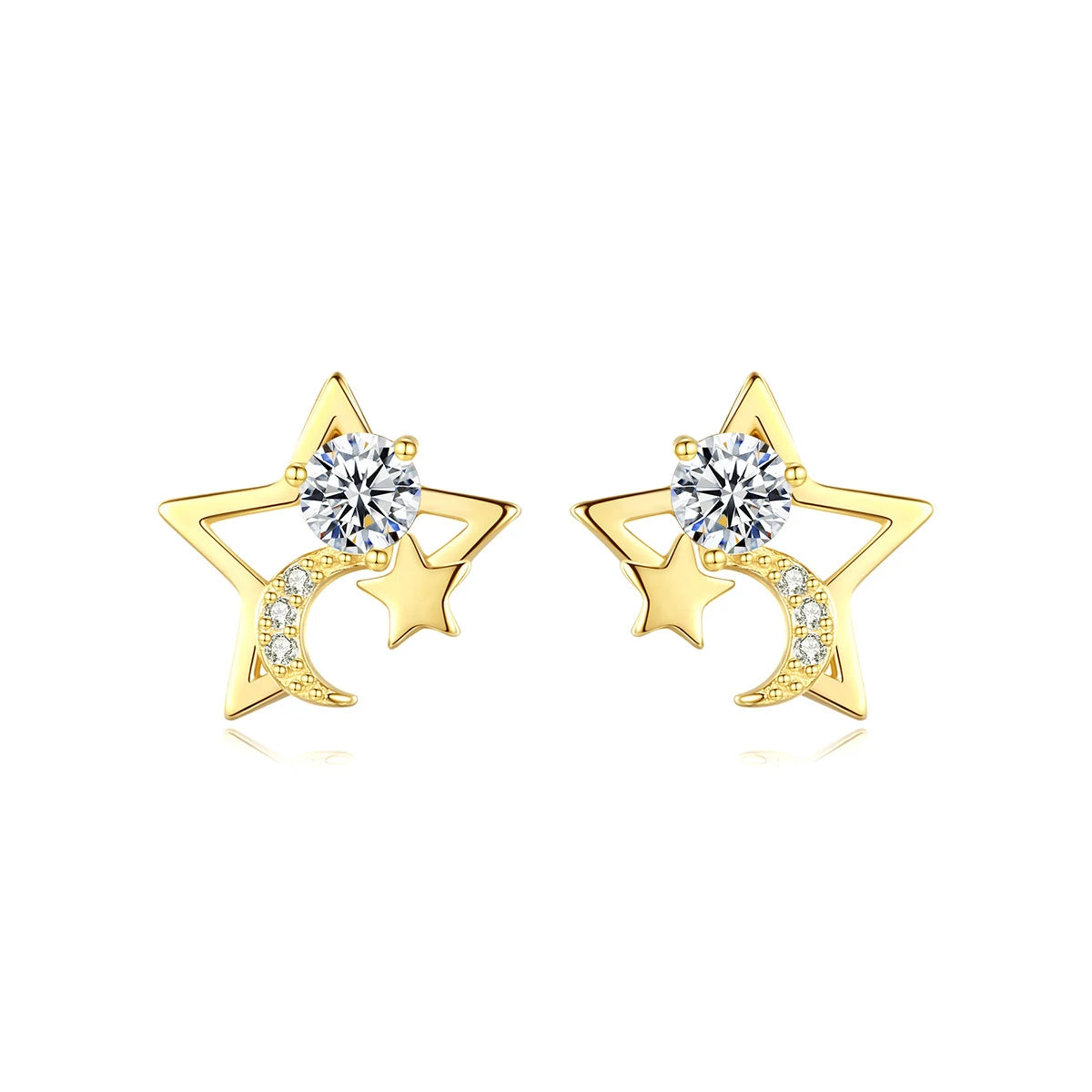 Fashion Jewelry 925 Silver Star Moon Asymmetric Earrings Gold Plated Cute Summer Stud Earrings Wholesale
