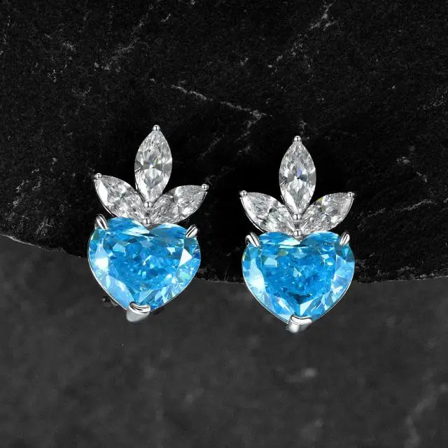 Fashion Pure S925 Sterling Silver Heart Shape Sky Blue Zircon Crystal Stud Earrings for Women Girls